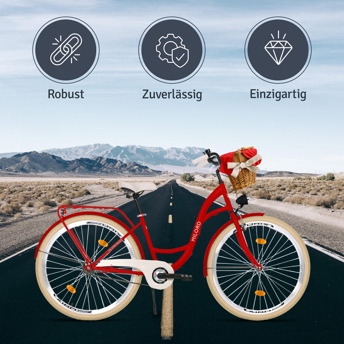 CITY-FAHRRAD Milord mit Weidenkorb, 28 Zoll, Rot, 1-Gang - Rot, Metall (46cm) - Milordbikes