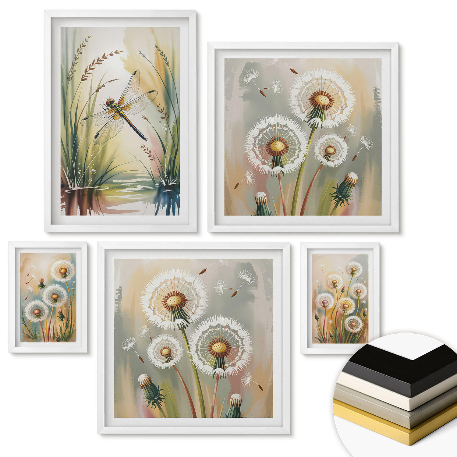 WANDBILDER 5er-Set - 50x50 cm & 20x30 cm & 40x60 cm Weißer Rahmen - Pastellfarbene Löwenzahnblüten - Weiß, Kunststoff (40/60cm) - ArtPrintCave
