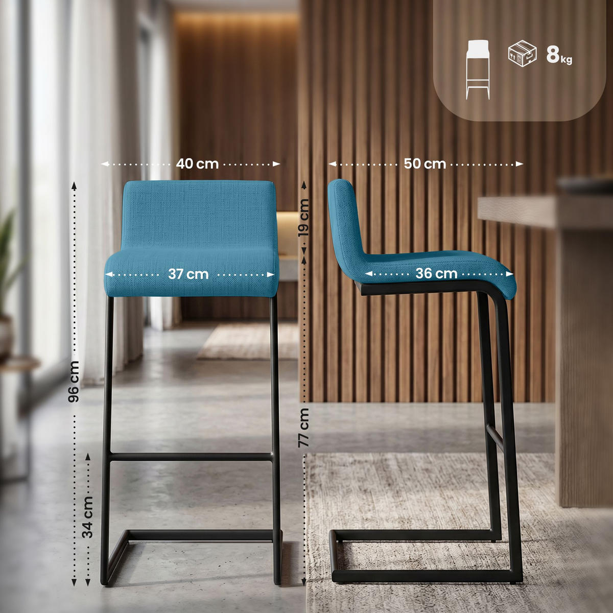 BARHOCKER 2 Stoff Blau - Blau/Schwarz, Textil/Metall (40/96/50cm) - CLP