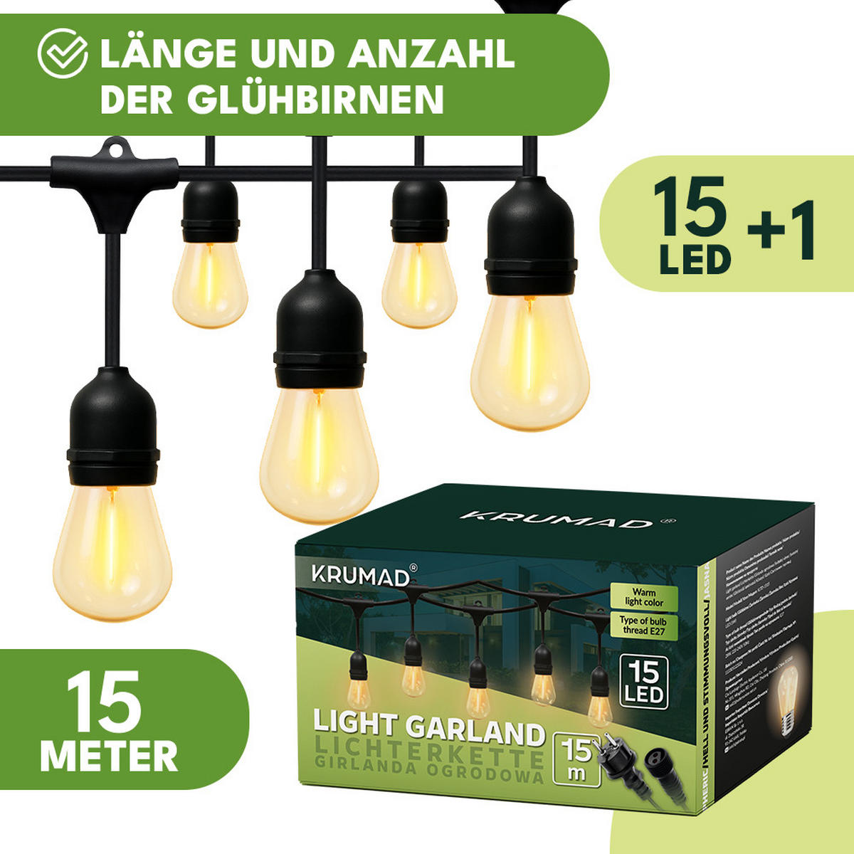 AUSSENLEUCHTE Girlande LED Außen Lichterkette 15m - Schwarz, Kunststoff (15000/10/10cm) - KRUMAD