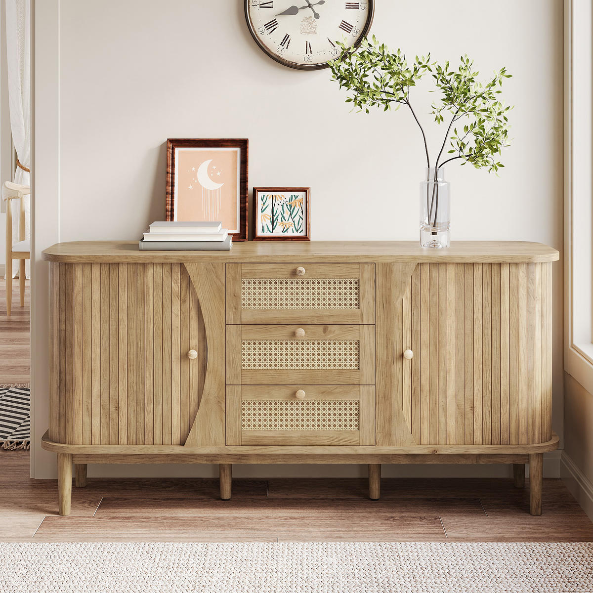 SIDEBOARD in Naturfarben mit Schiebetüren und Schubladen für Wohnzimmer, B140.5/T40/H76 cm - Naturfarben, Holzwerkstoff (140.5/76/40cm) - STILVORA