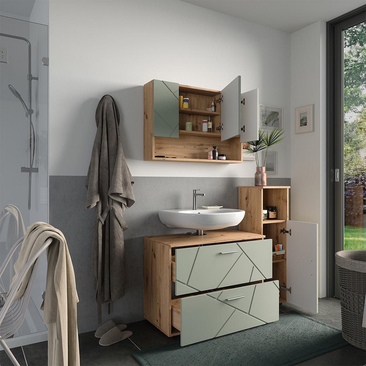 BADMÖBEL-SET Irma Salbeigrün 3 Teile - Salbeigrün, Holzwerkstoff (80/58.6/41cm) - Vicco