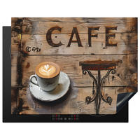 HERDABDECKPLATTE Cafe - Holz - Kaffee - Regale Induktionsmatte 77x59 cm - Schwarz, Kunststoff (77/59/0.2cm) - MuchoWow