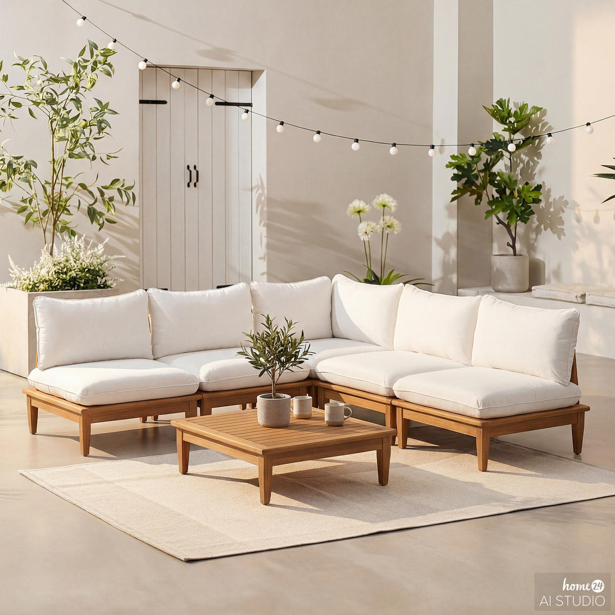 LOUNGEGRUPPE - 6-teilig - Akazie massiv / Webstoff - Akazie Braun / Creme - Creme/Akaziefarben, Holz/Textil - home24