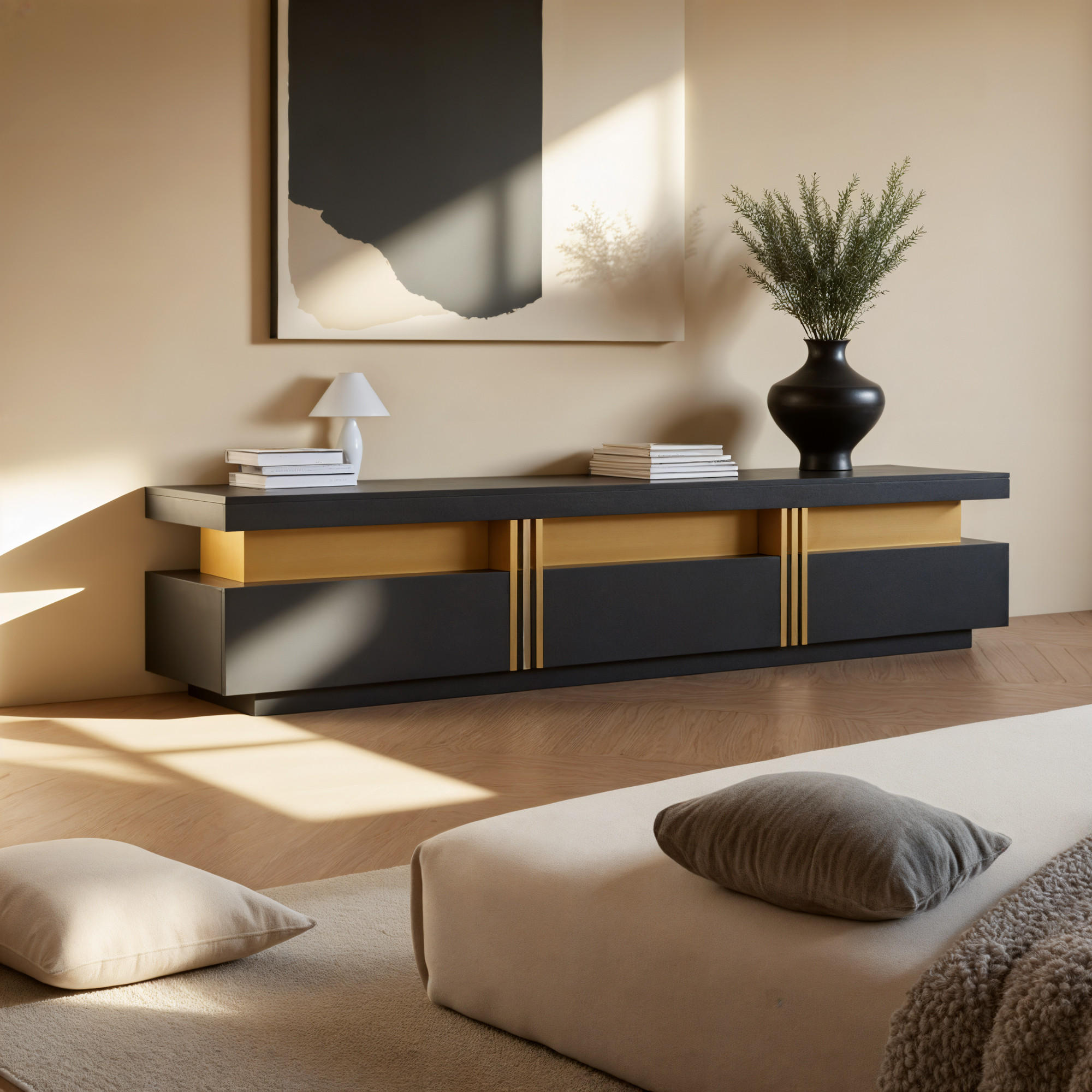 LOWBOARD mit Marmoroptik und Goldakzenten, 120/40/42 cm - Schwarz, Holzwerkstoff (40/42/200cm) - Urban Meuble