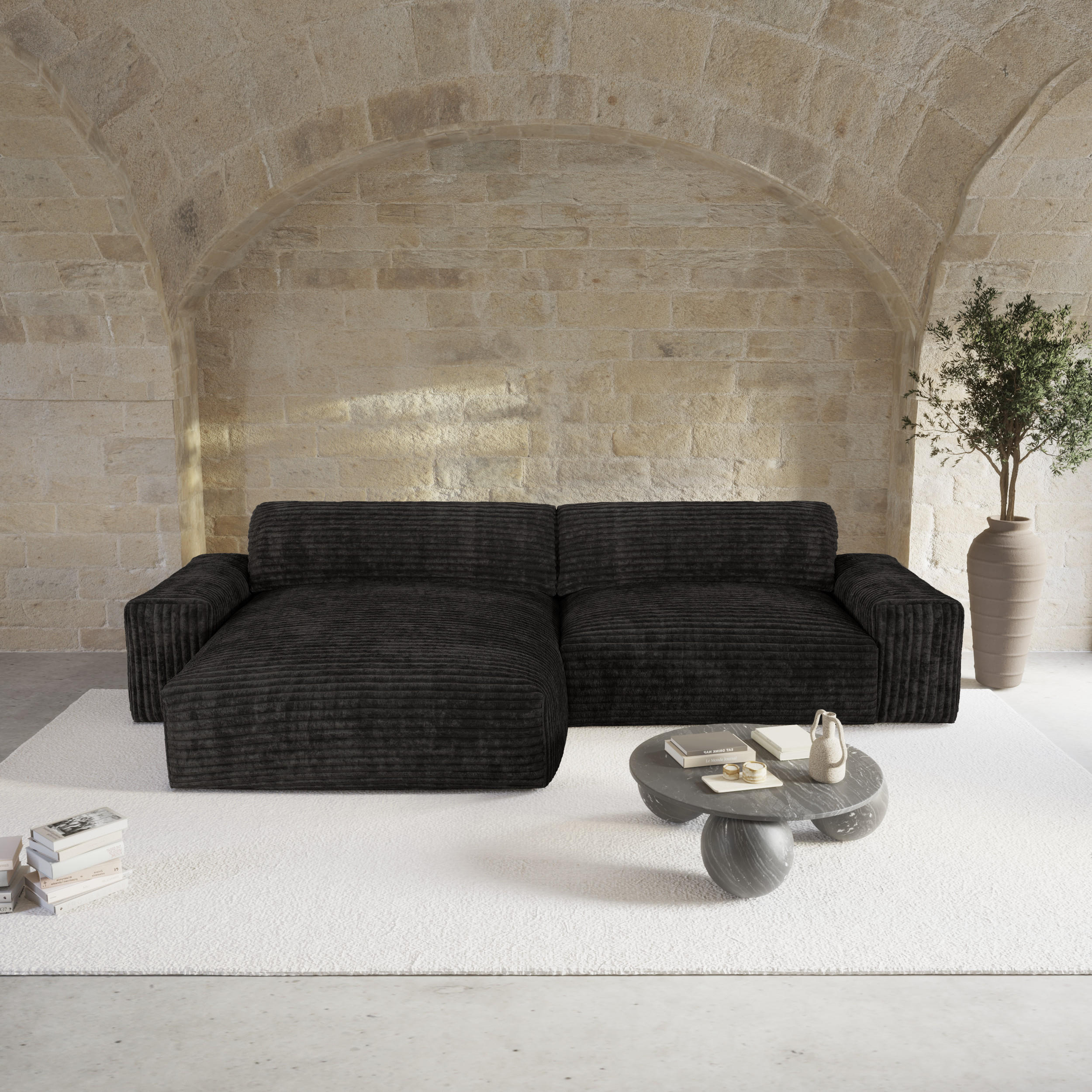 ECKSOFA LINKS Gerippter Samt XXL Schwarz 220cm - Schwarz, Textil (120/220cm) - Sia Home
