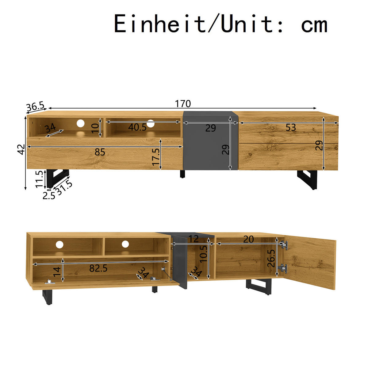 LOWBOARD 170/42/36,5 cm aus Spanplatte mit 3 Türen und 2 offenen Fächern Dunkelgrau/Natur - Naturfarben, Holzwerkstoff (170/42/36.5cm) - Modenvie