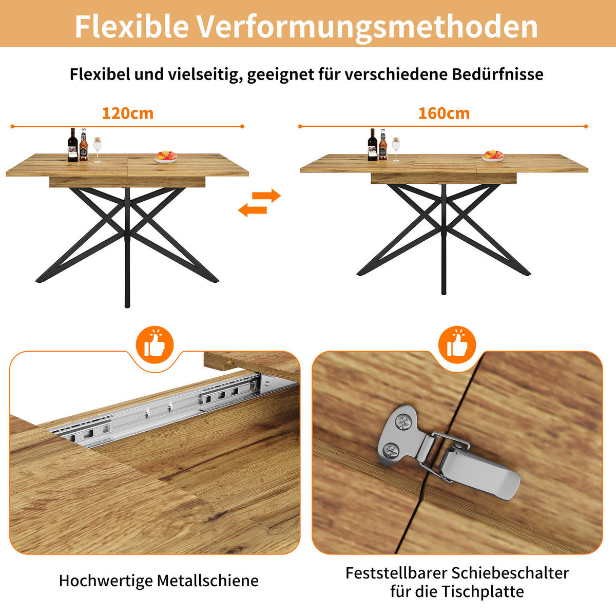 ESSTISCH, MDF mit Metallgestell, ausziehbar 120–160/80/66,1 cm, Walnuss-Optik - Walnussfarben, Holzwerkstoff (120/80/66.1cm) - Redom