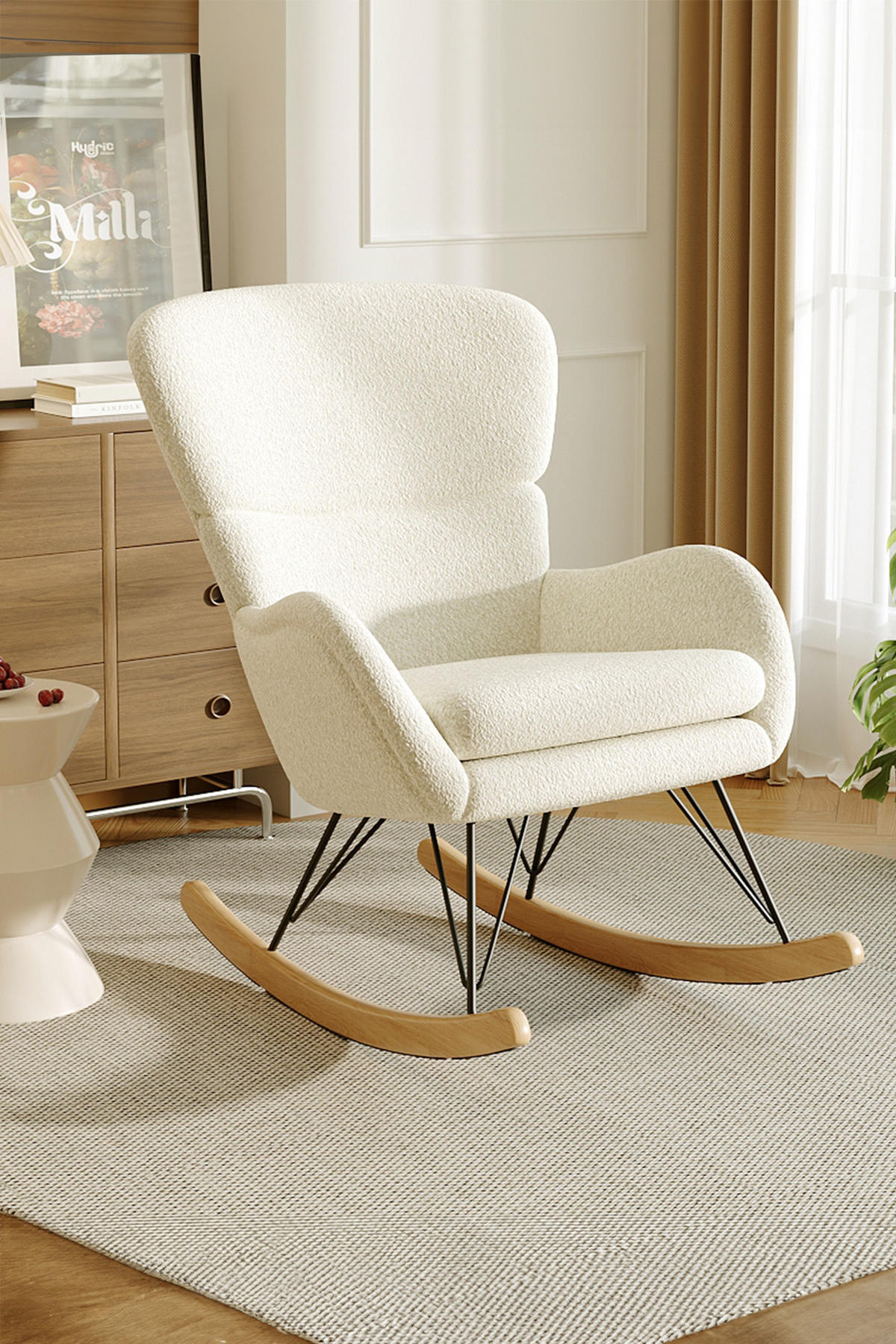 SCHAUKELSESSEL Sessel Armlehnen Eisenrahmen Fleece Cremefarbe Ergonomisch design Bewegung für Entspannung 98 x 73 x 103 cm - Creme, Holz/Textil (72/100.5/98cm) - Livingandhome