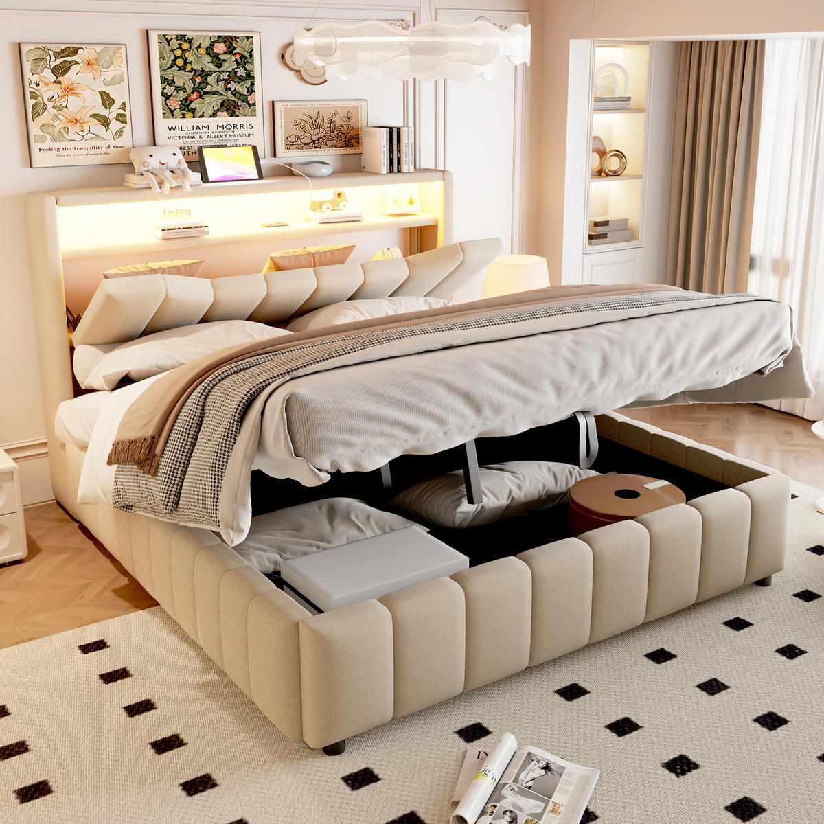 BOXBETT 140/200 mit Bettkasten, LED/USB-C, Lattenrost, Leinen, Beige - Beige, Holz/Textil (140/200cm) - LVHOM