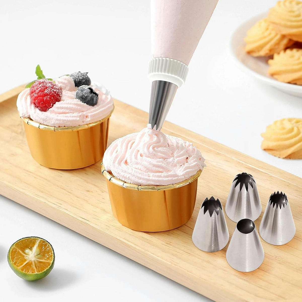 SPRITZTÜLLEN 4-teiliges Set Edelstahl mit Adapter - Silberfarben, Metall (4.4/1/5.8cm)