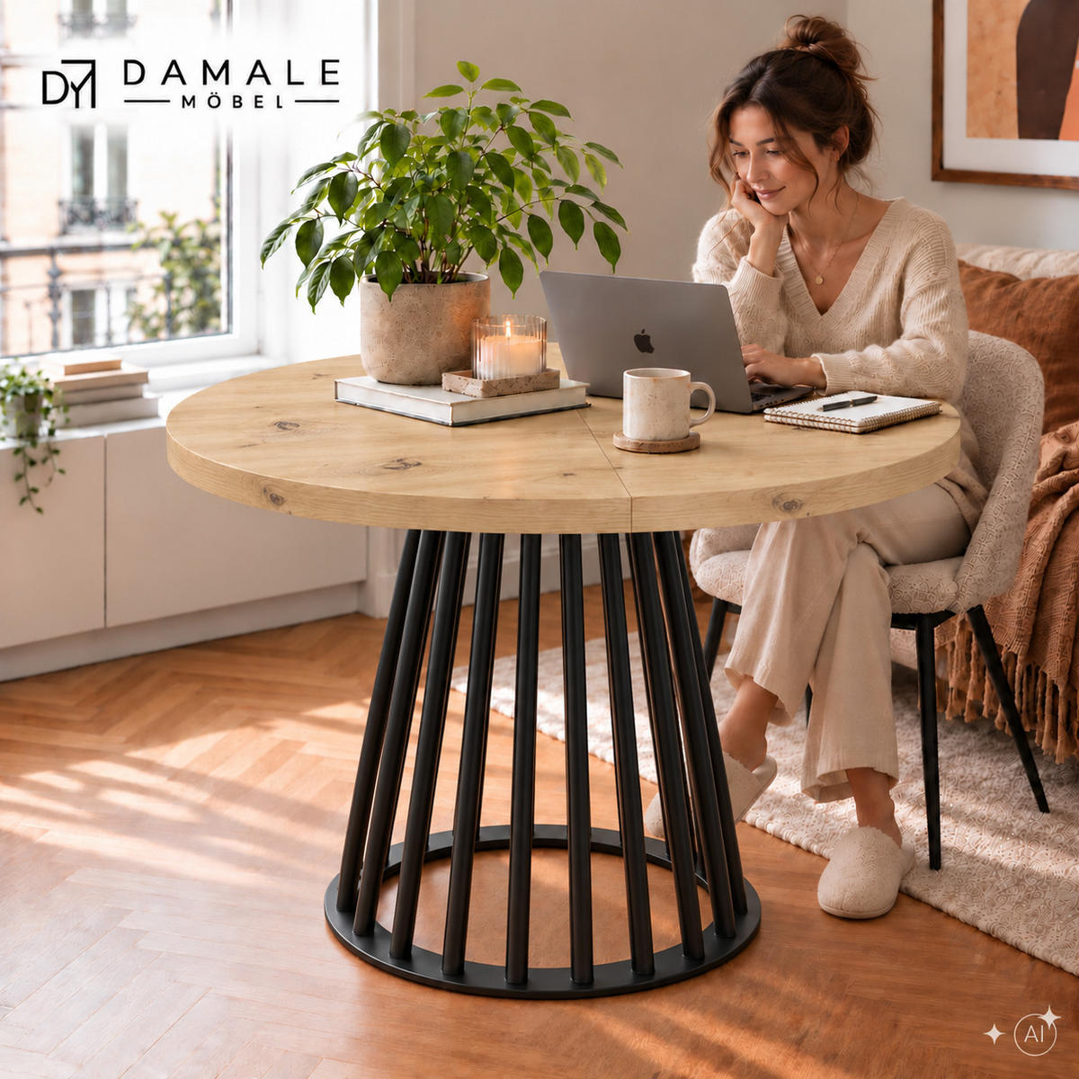 ESSTISCH rund ausziehbar 100/300/76 cm, Eiche Artisan, 54 cm Tischplatte + Lamellen-Metallgestell Schwarz - Schwarz/Eiche Artisan, Holzwerkstoff/Metall (100/300/76cm) - Damale Möbel