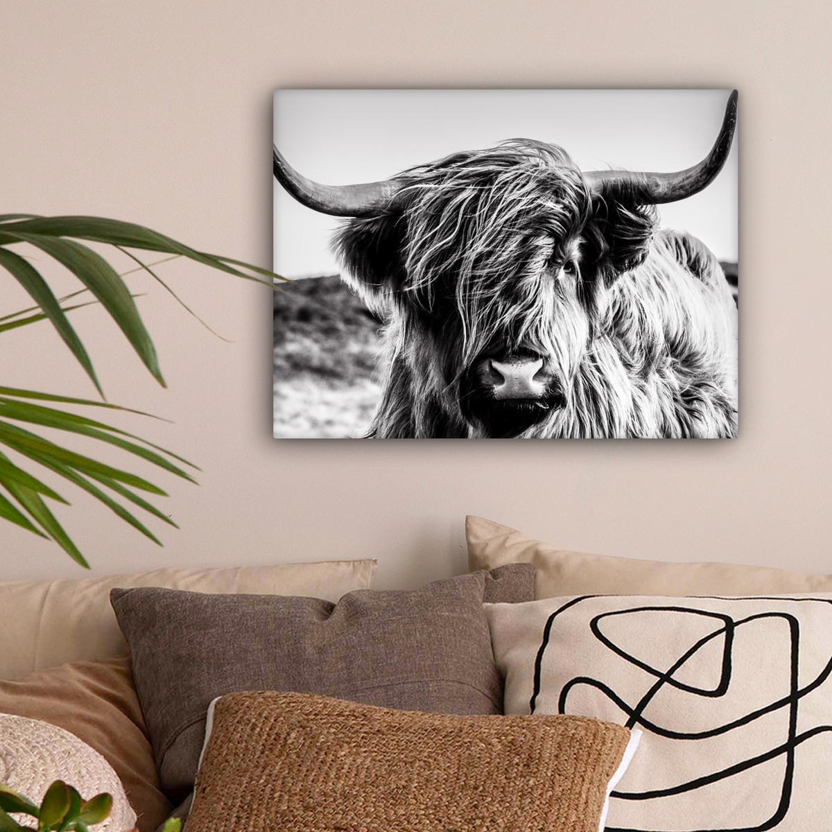 OBRAZ NA PLÁTNĚ Kráva - Skotský horal - Černá - Bílá - Zvíře - Příroda - Divoká zvěř 40x30 cm - černá, textil (40/30cm) - MuchoWow