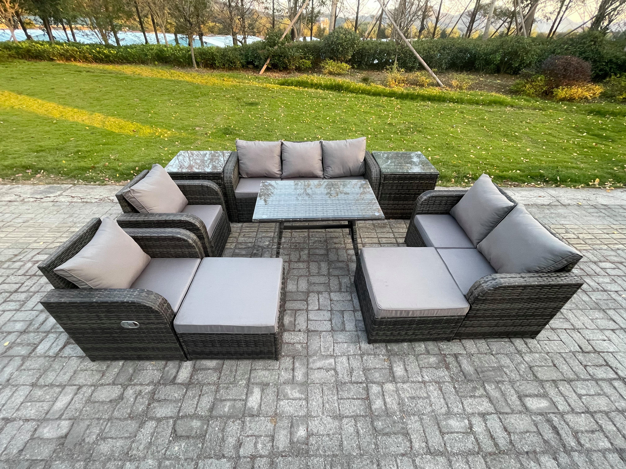 GARTENMÖBEL SET Polyrattan Dunkelgrau 9-Sitzer - Dunkelgrau/Grau, Glas/Kunststoff - Fimous