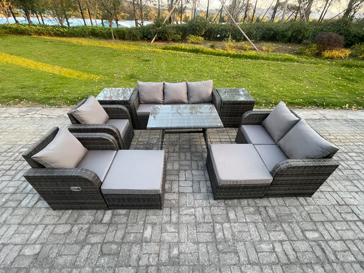 GARTENMÖBEL SET Polyrattan Dunkelgrau 9-Sitzer - Dunkelgrau/Grau, Glas/Kunststoff - Fimous