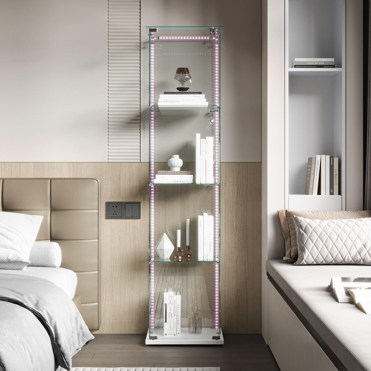 GLASVITRINE 163x40x35 cm Türen Schloss Regalböden LED Bar weiß - Weiß, Holz (39.8/163/35cm) - LEBENLANG