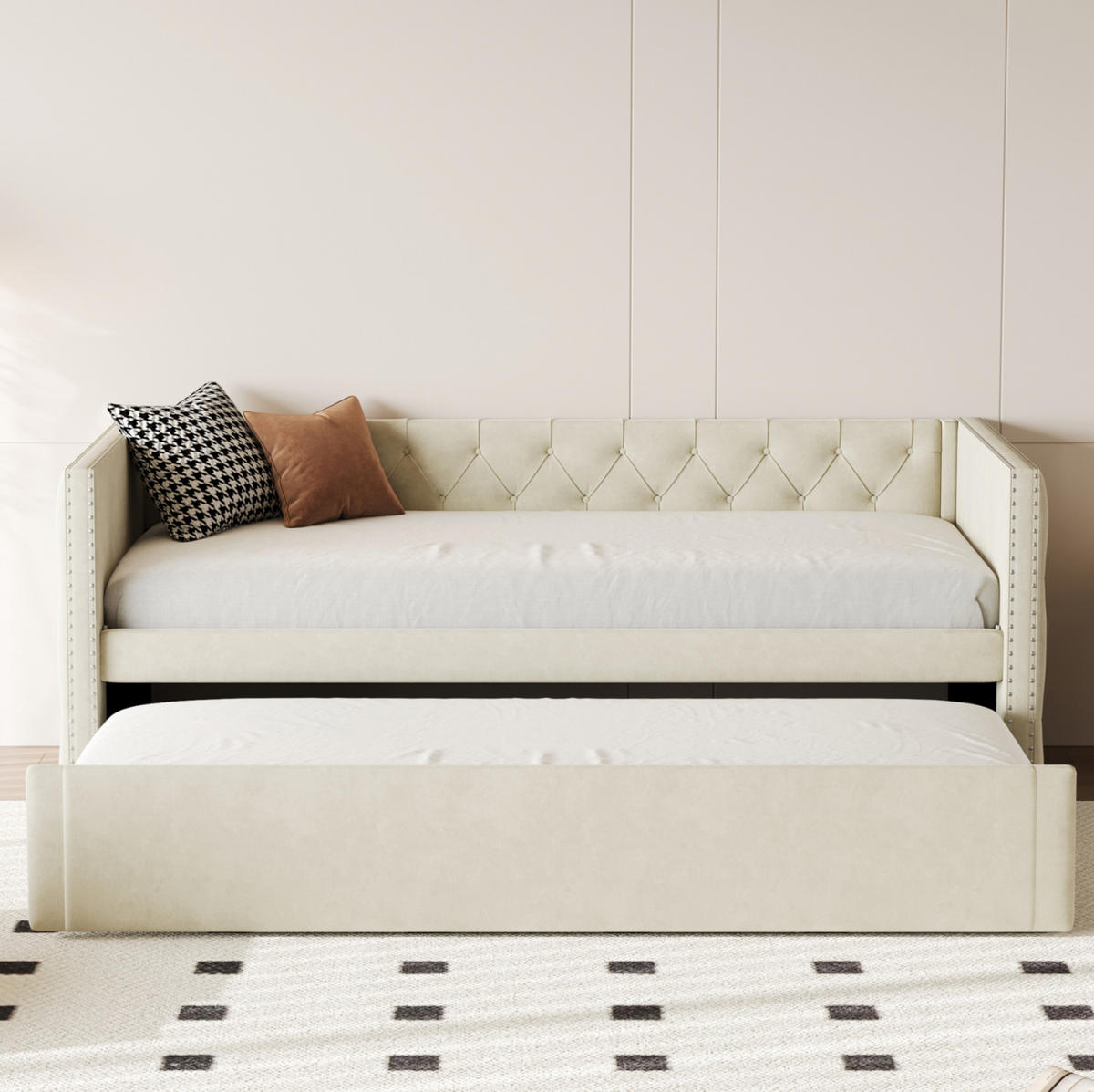 SAMT-POLSTERBETT 90/200 cm Beige inkl. Lattenrost, ausziehbar als Schlafsofa - Beige, Textil (90/200cm) - BEAOK