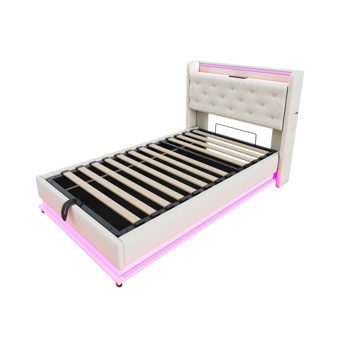 KINDEREINZELBETTEN aus Leinenstoff 90x200 cm in Beige mit LED & USB-Anschlüssen - Beige, Textil (90/200cm) - Modfu