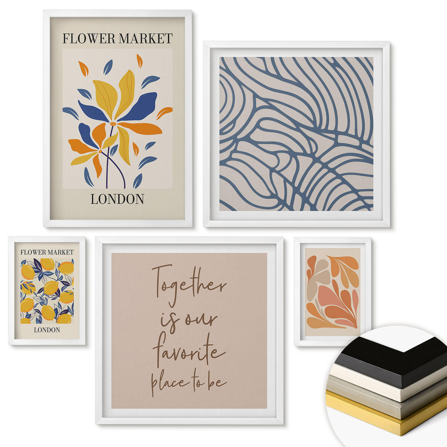 WANDBILDER 5er-Set - 50x50 cm & 20x30 cm & 40x60 cm Weißer Rahmen - Moderne abstrakte Blumen - Weiß, Kunststoff (40/60cm) - ArtPrintCave