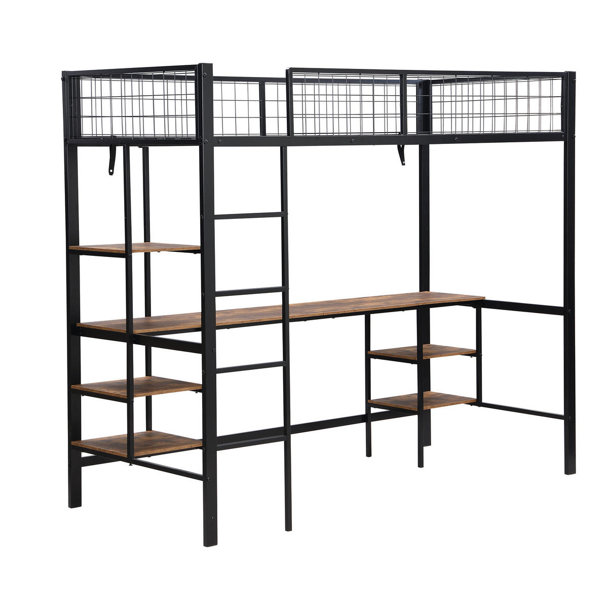 ETAGENBETT 90/200 cm mit Schreibtisch, Regalen, 4-stufiger Leiter und Metallgestell, Schwarz, dunkle Holzfarbe - Schwarz, Metall (90/200cm) - Redom