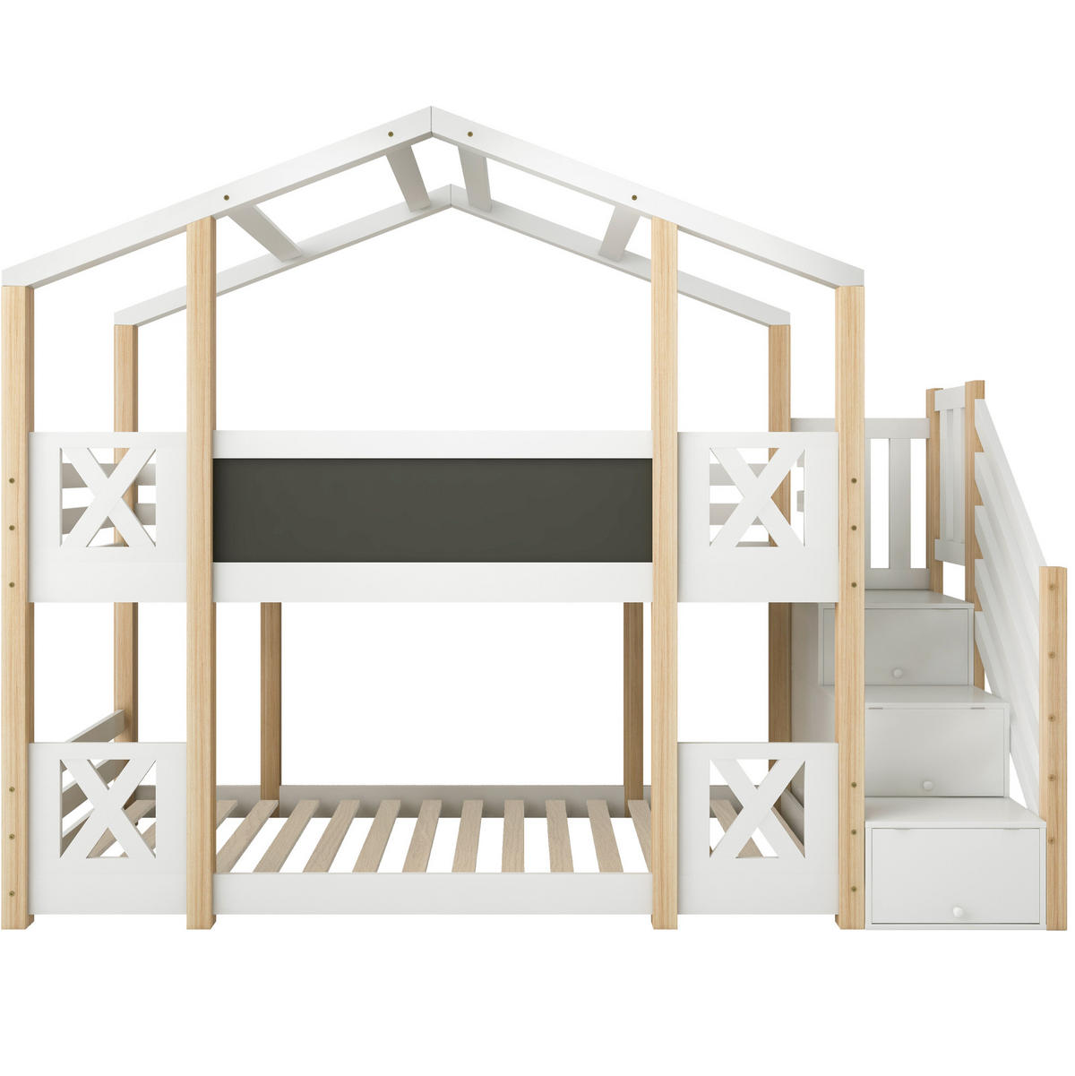 HAUSBETT 90/200 cm in Weiß/Natur mit Treppe, Stauraum und Tafel - Weiß, Holzwerkstoff (90/200cm) - Flora Grace