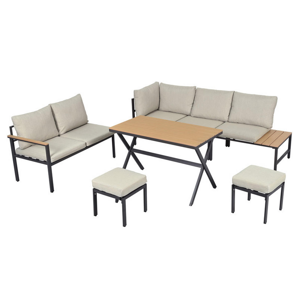 GARTENLOUNGE-SET GRAUBEIGE 4-teilig mit Ecksofa 2 Hockern und Esstisch inkl. Kissen - Beige, Textil - BLACKCUP
