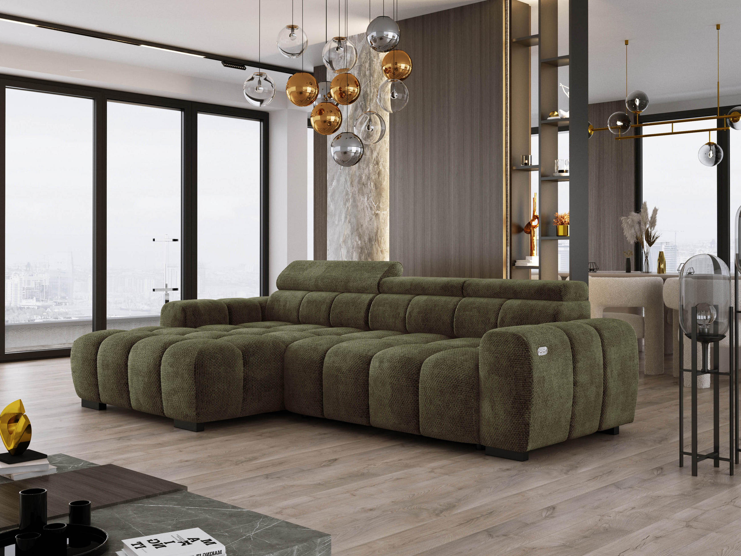 ECKSOFA OMBO 285x168x77/97 cm, Links, Schlaffunktion, elektr. Sitz, Kopfstützen, hydrophober EDEN-Stoff – Olivgrün - Olivgrün, Holz/Textil (168/285cm) - DomoHome