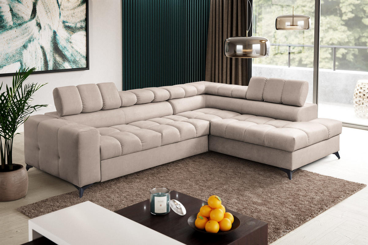 ECKSOFA Andrea L-Form mit verstellbaren Kopfstützen Schlaffunktion Bettkasten 267 cm rechts beige - Beige, Kunststoff (267/106cm) - Margaret Hadas24