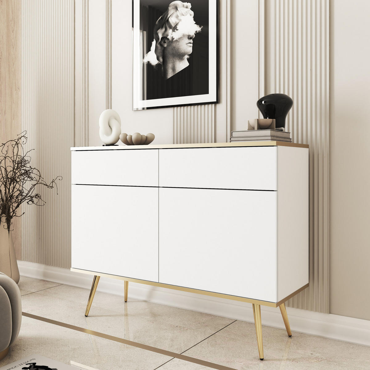 KOMMODE FORNO (Weiß, Goldene Details, 2 Türen, 2 Schubladen, goldene Metallfüße) - Gelb/Goldfarben, Holz/Holzwerkstoff (107/85/39cm) - Ravio