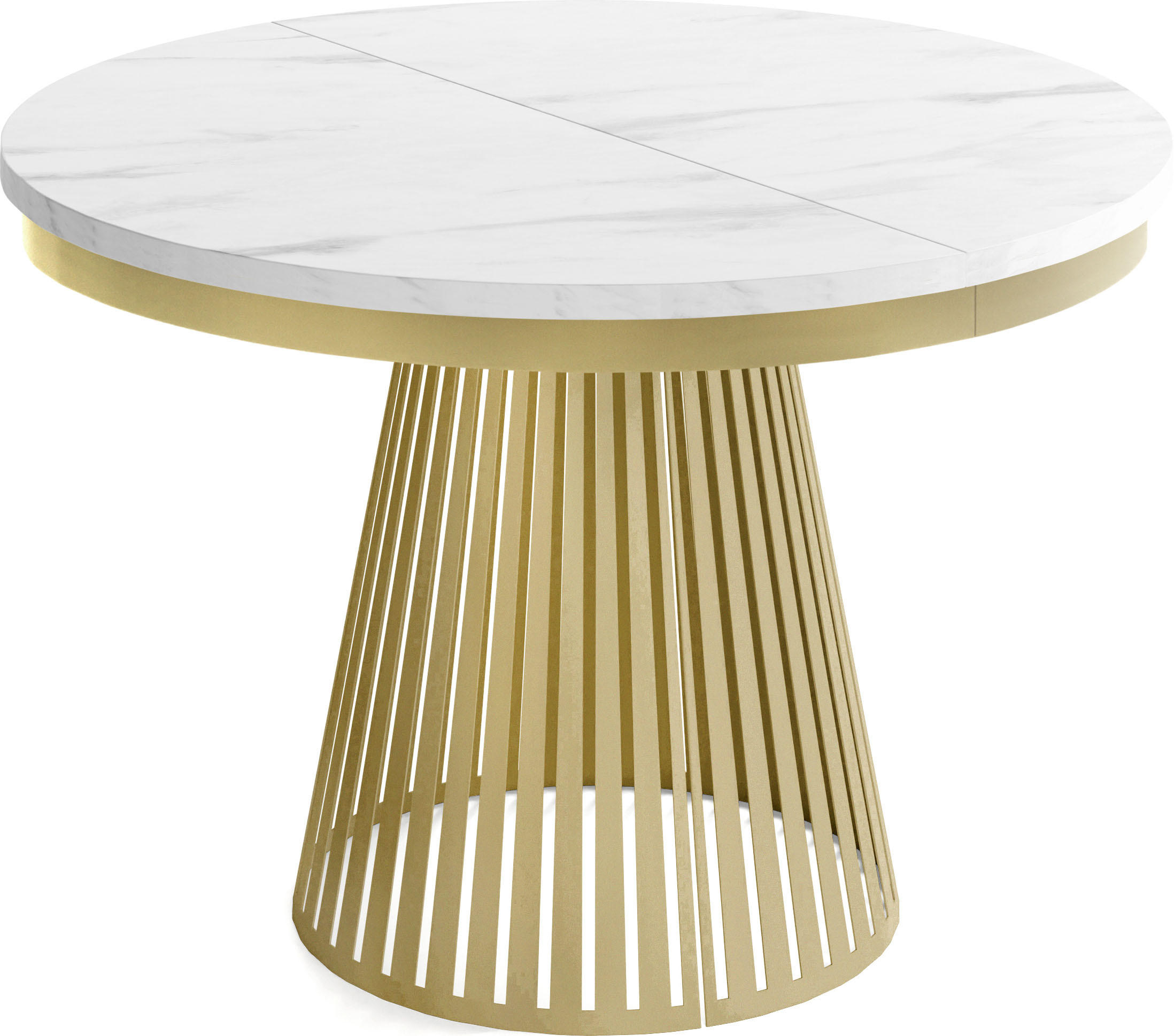 ESSTISCH Naro rund ausziehbar mit Goldem Lamellen-Metallgestell, Marmor Weiß 100-180/100/76 cm - Ecru/Goldfarben, Holzwerkstoff/Metall (100/100/76cm) - WFL GROUP