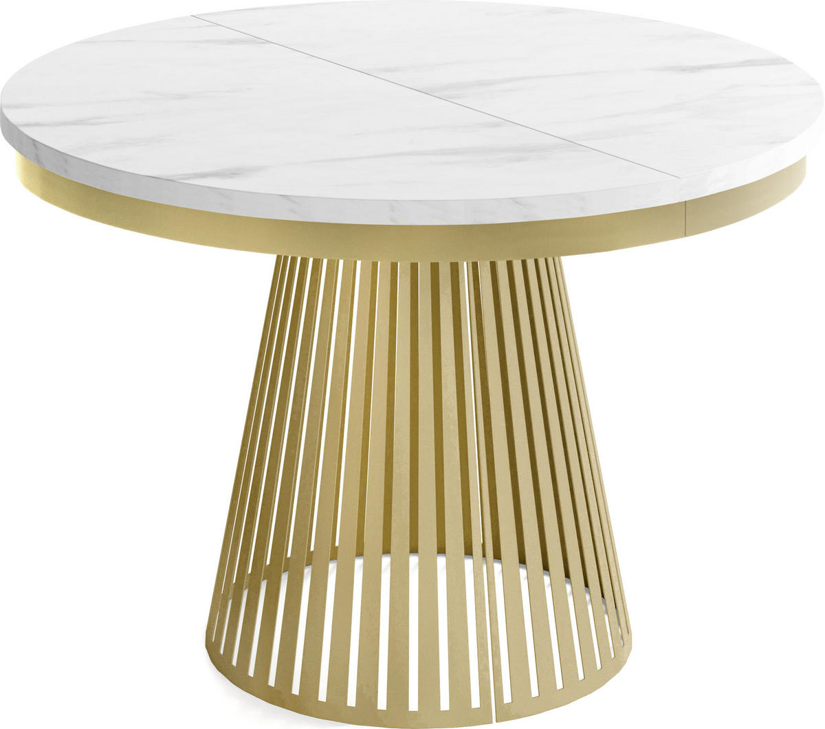 ESSTISCH Naro rund ausziehbar mit Goldem Lamellen-Metallgestell, Marmor Weiß 100-180/100/76 cm - Ecru/Goldfarben, Holzwerkstoff/Metall (100/100/76cm) - WFL GROUP