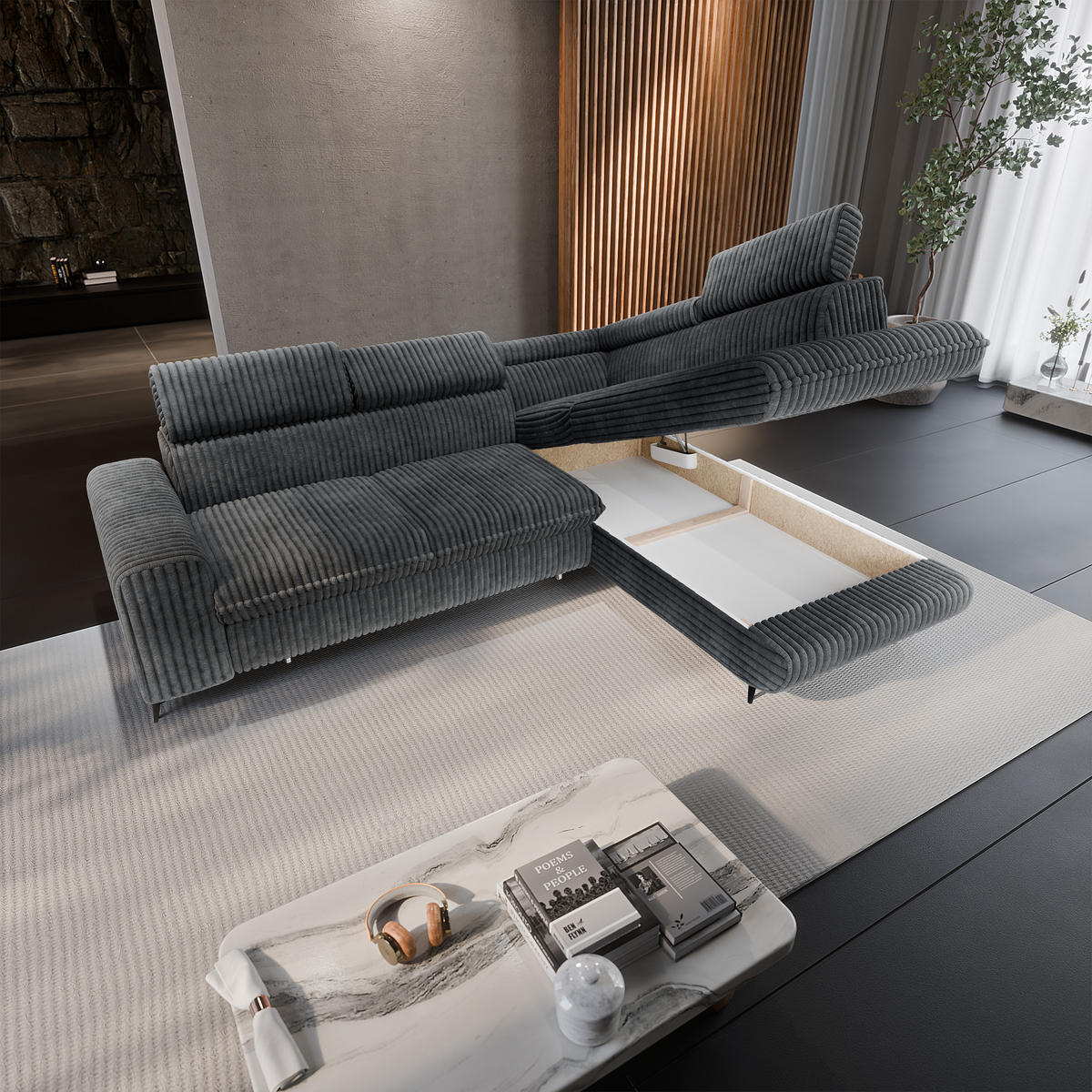 ECKSOFA VELISS Grau Kordstoff mit Schlaffunktion - Grau, Holz (255/193cm) - MASSENO