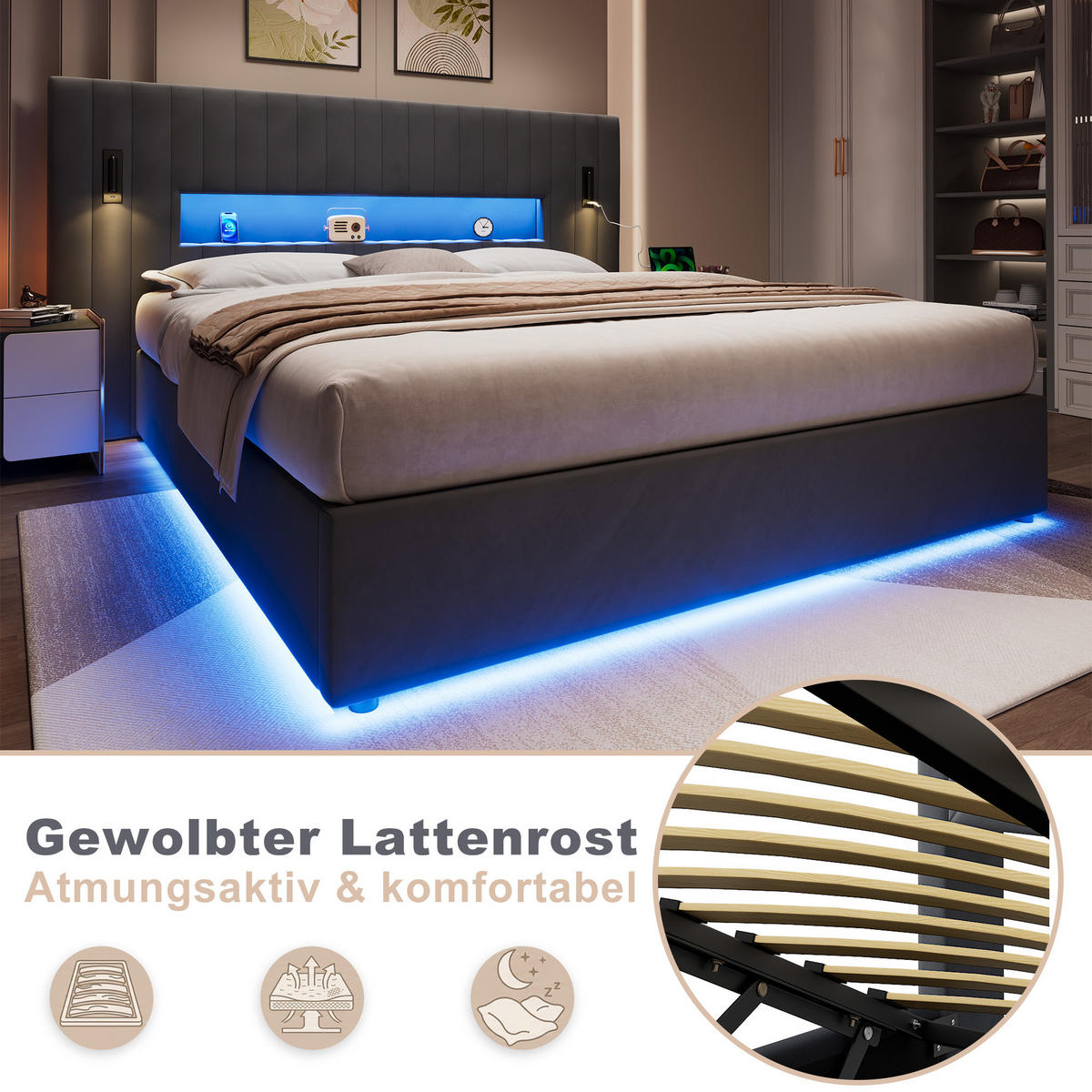 POLSTERBETT 180/200 cm Dunkelgrau mit LED & USB - Dunkelgrau, Textil (180/200cm) - Flora Grace