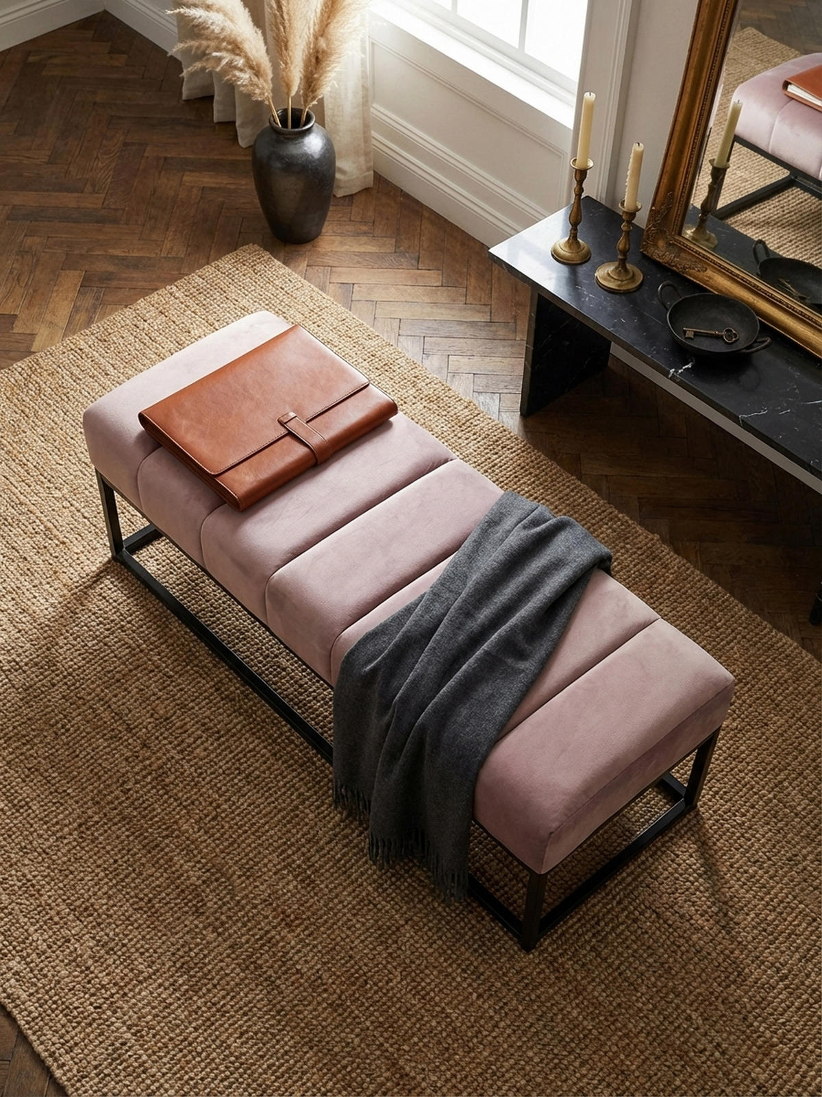 SITZBANK Samt Metallgestell gepolstert, Rosa 108x40x40 cm - Pink/Schwarz, Textil/Metall (108/40/40cm) - KADIMA DESIGN