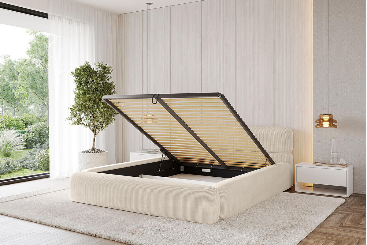 POLSTERBETT mit Bettkasten und Lattenrost, Bett mit Matratze H3/H4 - ENORA-V1 200x200 Beige - Creme, Holzwerkstoff/Textil (200/200cm) - ALTDECOR