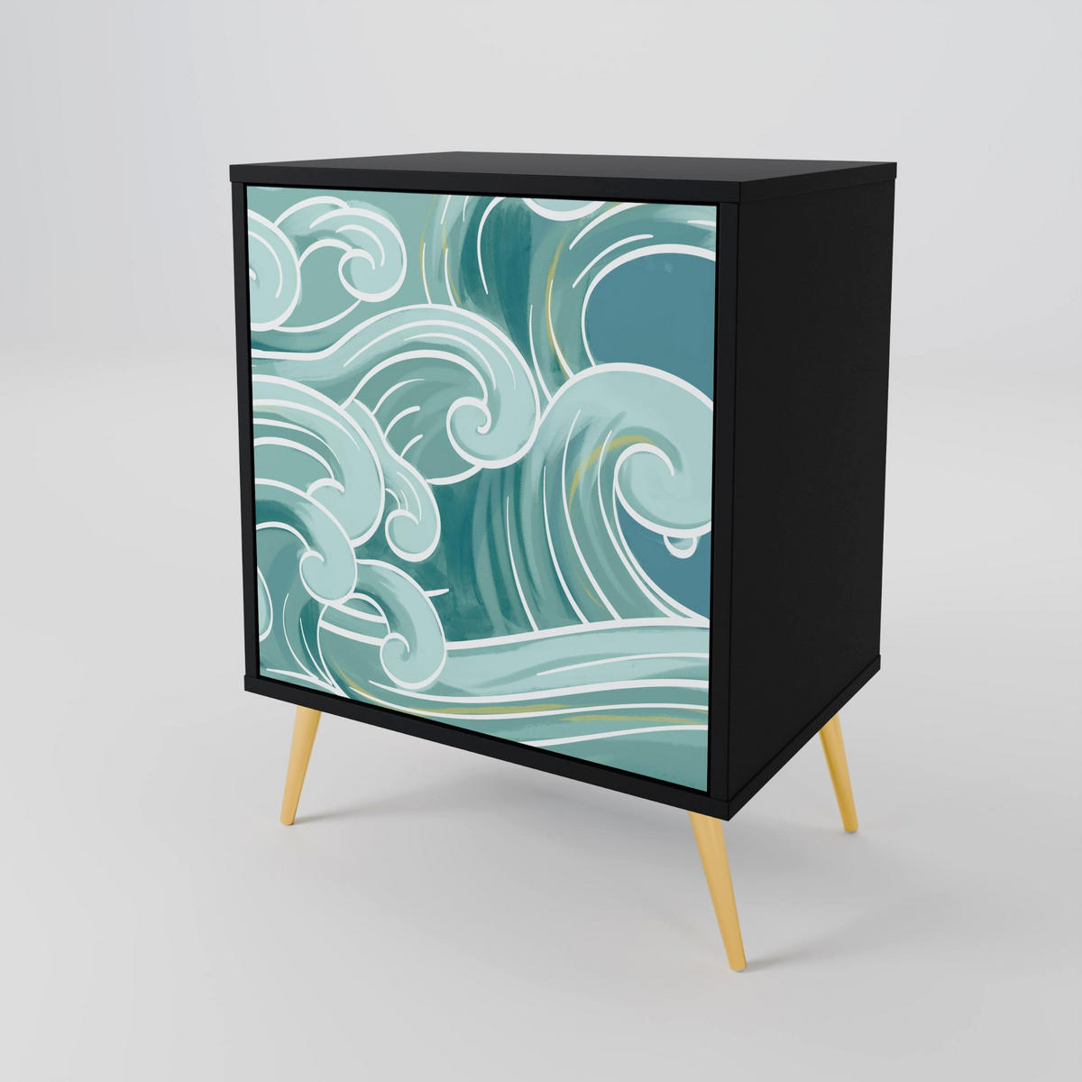 SIDEBOARD ASIAN SWAY, Schwarz, 57,5x42x72,5 cm, Schwarze Metallfüße - Multicolor/Schwarz, Holzwerkstoff/Metall (57.5/72.5/42cm) - SpaceRebels