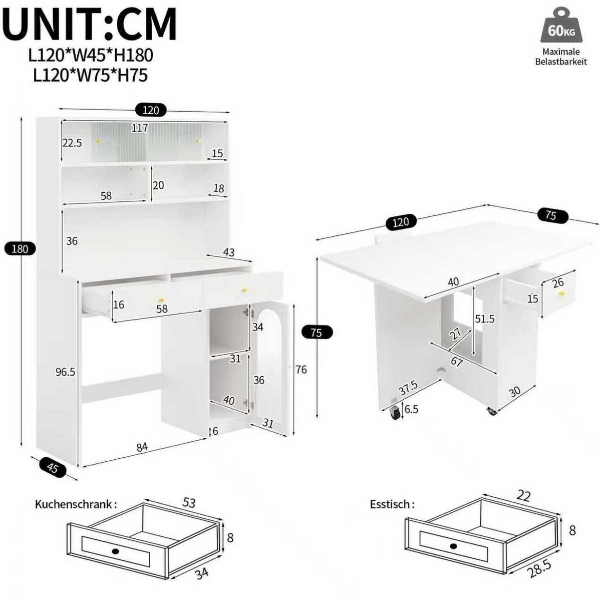 BUFFETSCHRANK-SET 120/45/180 cm mit klappbarem Esstisch, Stauraum und Glastüren, Weiß - Weiß, Holzwerkstoff (120/180/45cm) - Redom
