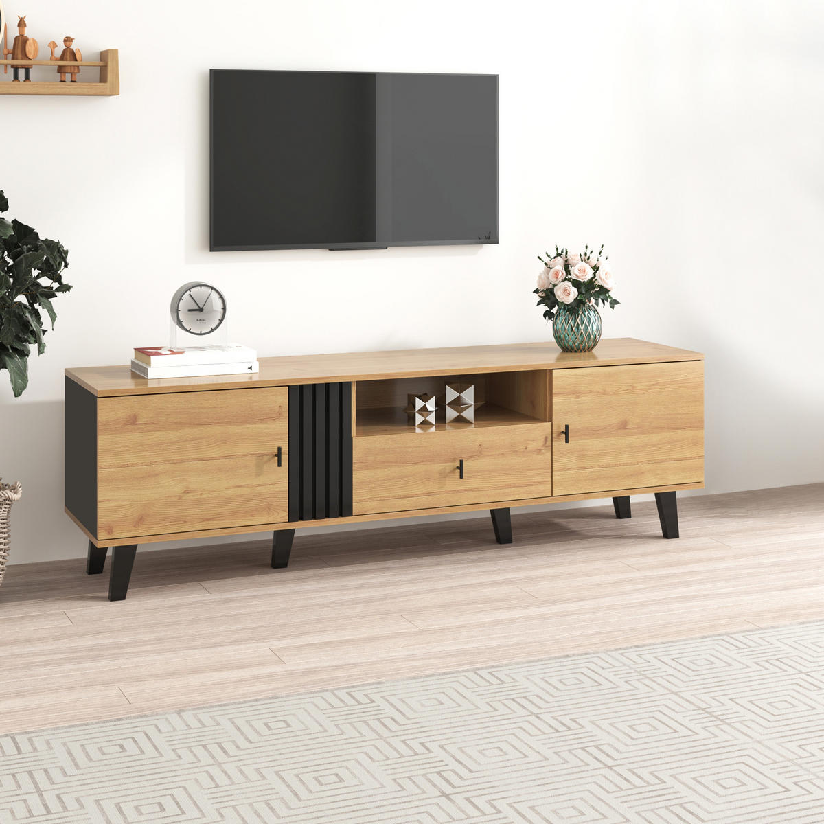 TV-SCHRANK mit Holz- und Schwarzdesign 170/40/50.5 cm - Naturfarben, Holzwerkstoff (170/50.5/40cm) - Redom
