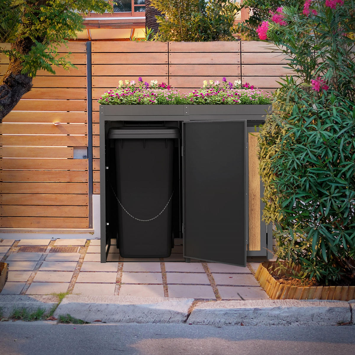 MÜLLTONNENBOX 2er mit Pflanzdach 240L Anthrazit-Holzoptik aus Stahl - Hellbraun, Metall (80/124/132cm) - ML-DESIGN