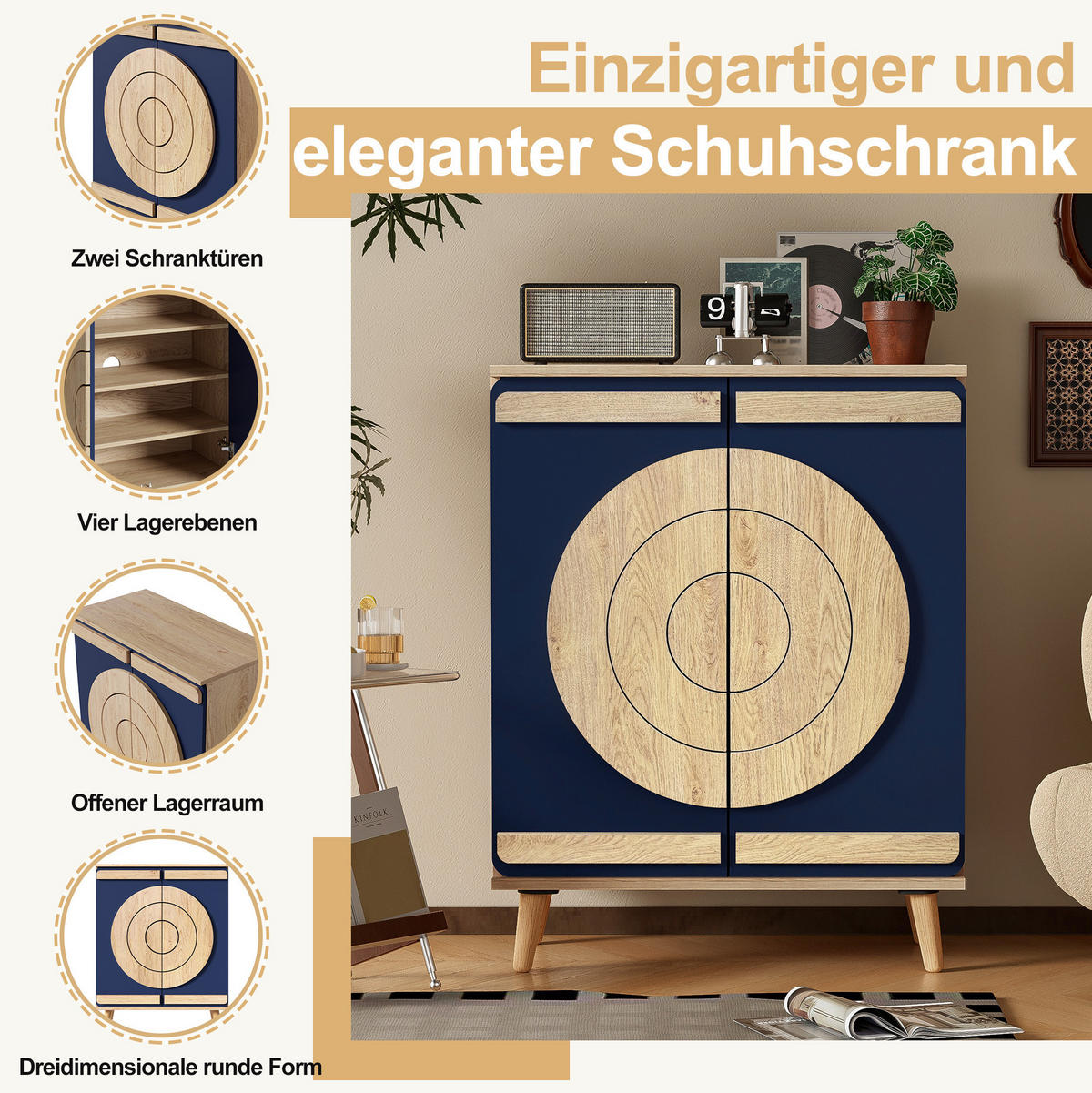 SCHUHSCHRANK 76/37/98,5 cm in Blau/Natur mit geometrischen Türen - Naturfarben, Holzwerkstoff (76/98.5/37cm) - Flora Grace