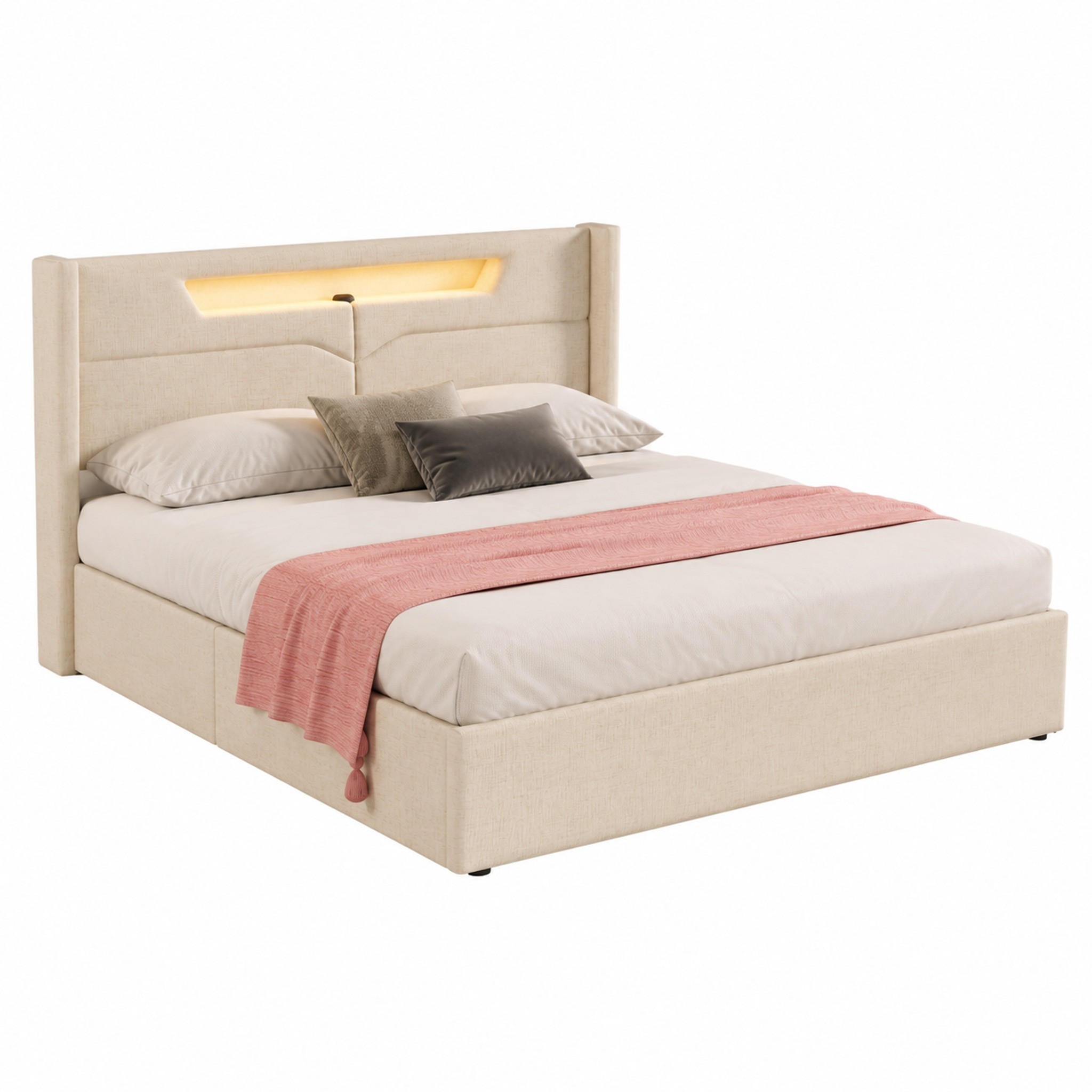 POLSTERBETT mit LED, USB und Stauraum 140x200 cm Beige inkl. Matratze - Beige, Metall (140/200cm) - Meubliv