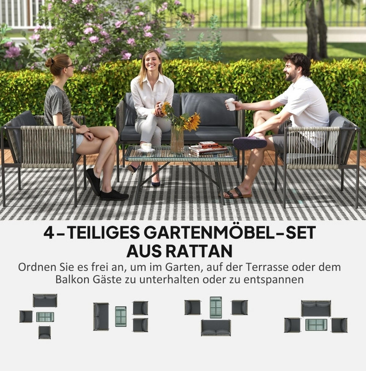 LOUNGEGARNITUR 116/65/68 cm Grau aus Rattan 4er Set - Grau, Naturmaterialien - OKMYHOME