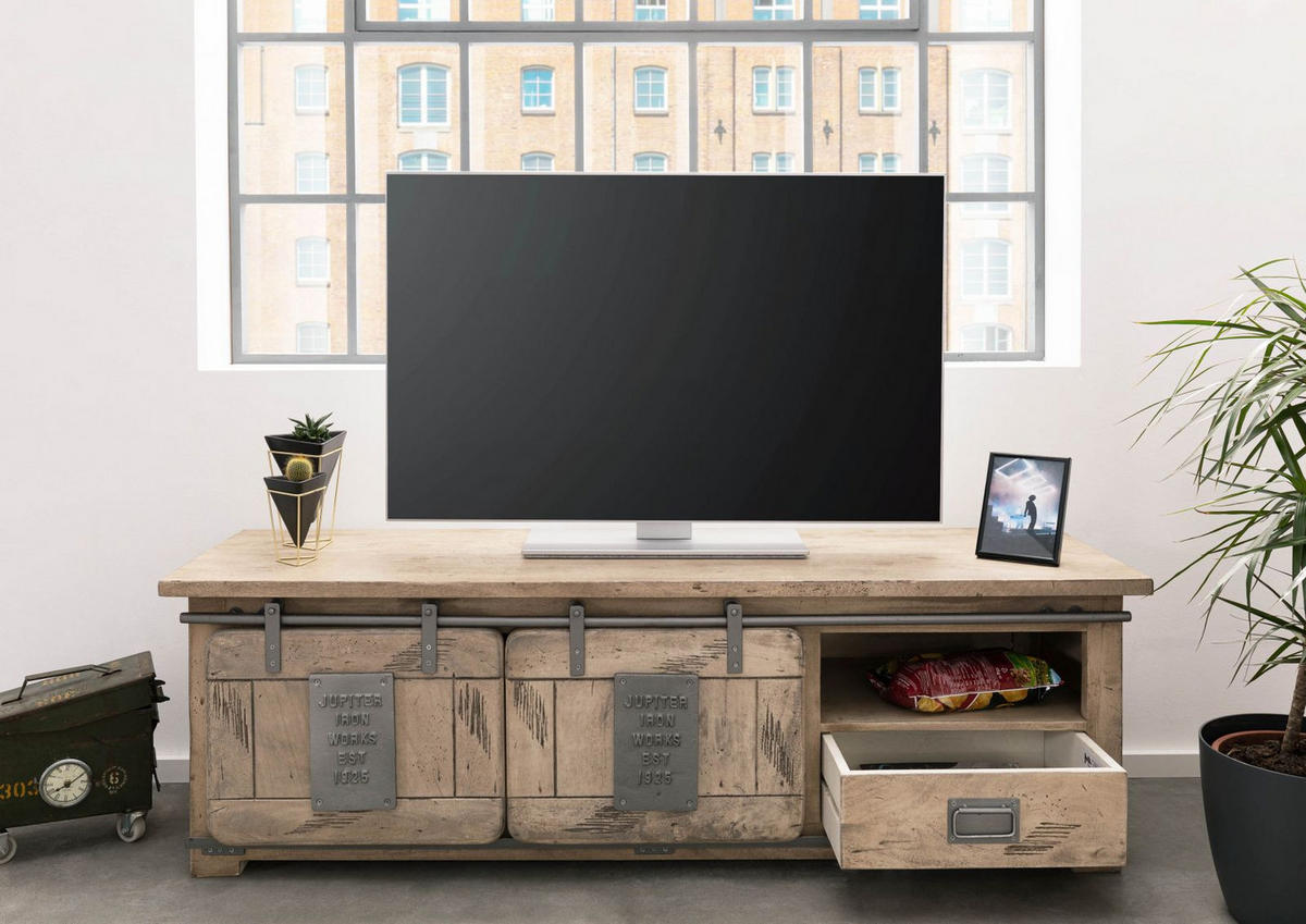 TV-BOARD Mango 160x45x50 whitewash lackiert RAILWAY #301 - Beige, Holz (160/50/45cm) - Massivmoebel24