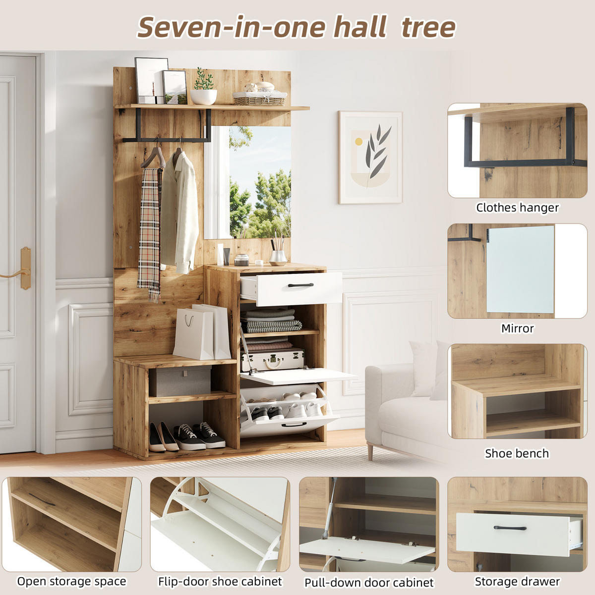 GARDEROBE 100/190/38,5 cm Weiß/Natur aus Spanplatte mit Spiegel und Klapptüren - Weiß, Holzwerkstoff (38.5/190/100cm) - OKMYHOME