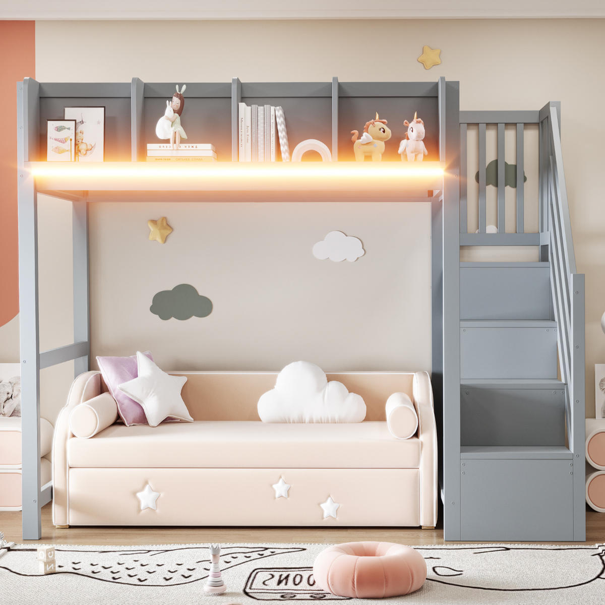 HOCHBETT 90/200 cm in Grau mit Sicherheitsgitter, Ablage, LED und Leiter aus Holz - Grau, Holzwerkstoff (90/200cm) - STILVORA