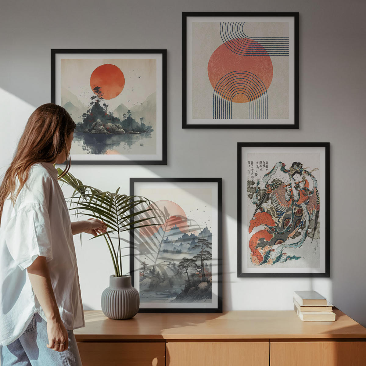 BILDER SET 4er Set - 50x50 cm & 40x60 cm Schwarzer Rahmen - Asiatische Landschaften Japandi - Schwarz, Kunststoff (50/50cm) - TULUP