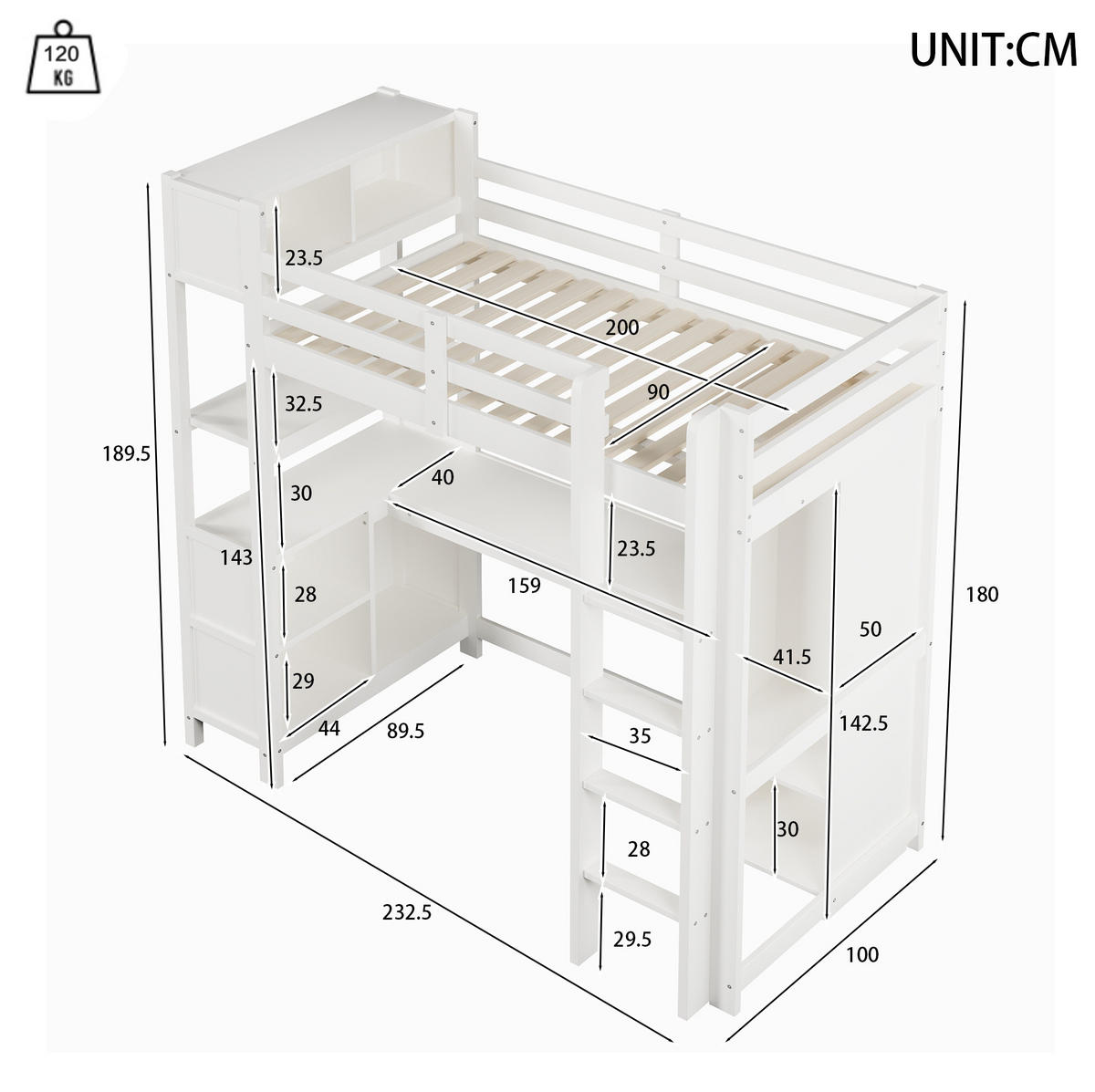 HOCHBETT 90/200 cm mit Schreibtisch, Regalen und Kleiderschrank, aus Kiefernholz und MDF, Weiß/Natur - Weiß, Holzwerkstoff (90/200cm) - Redom