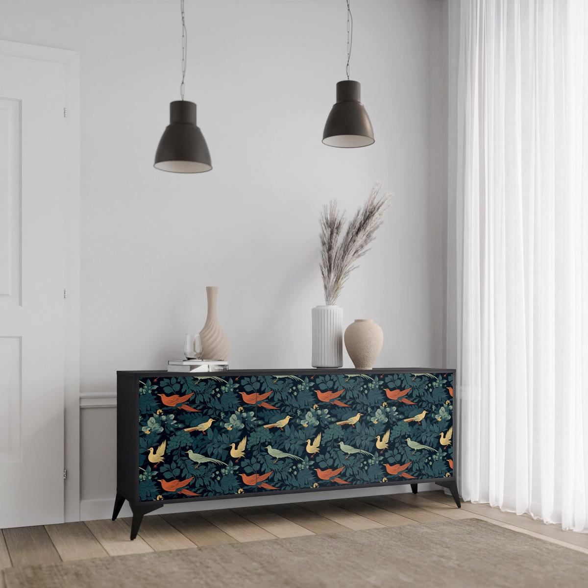 SIDEBOARD FOWL ORNAMENT, Eicheneffekt, 164,5x42x77,5 cm, 3 Türen - Eichefarben/Buchefarben, Holzwerkstoff/Buchenholz (164.5/77.5/42cm) - SpaceRebels