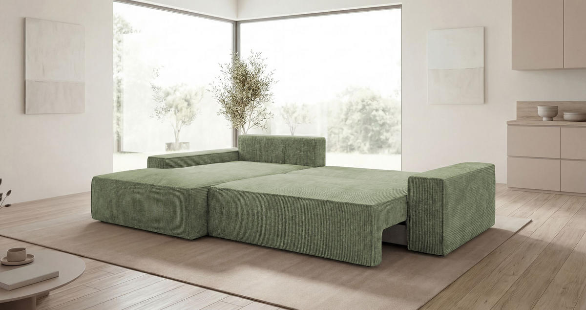 ROHOVÁ pohovka VERONA levá světle zelená manšestr Poso 47 - funkce spaní, úložný prostor - světle zelená, textil (280/185cm) - Cornero