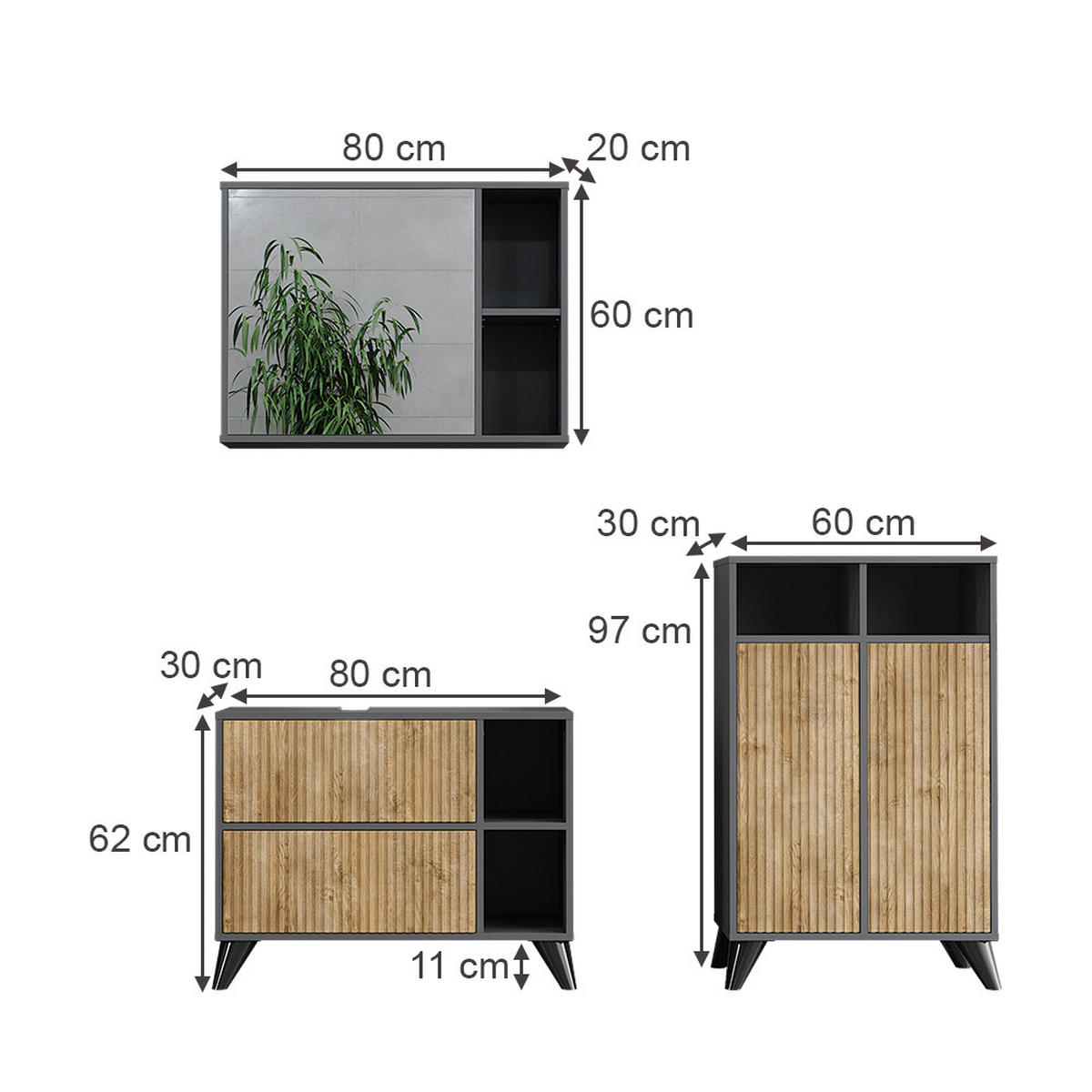 BADMÖBEL-SET Leano Anthrazit/Bergeiche 80 cm, Set 2 - Eichefarben/Anthrazit, Holzwerkstoff (80/62/30cm) - Vicco